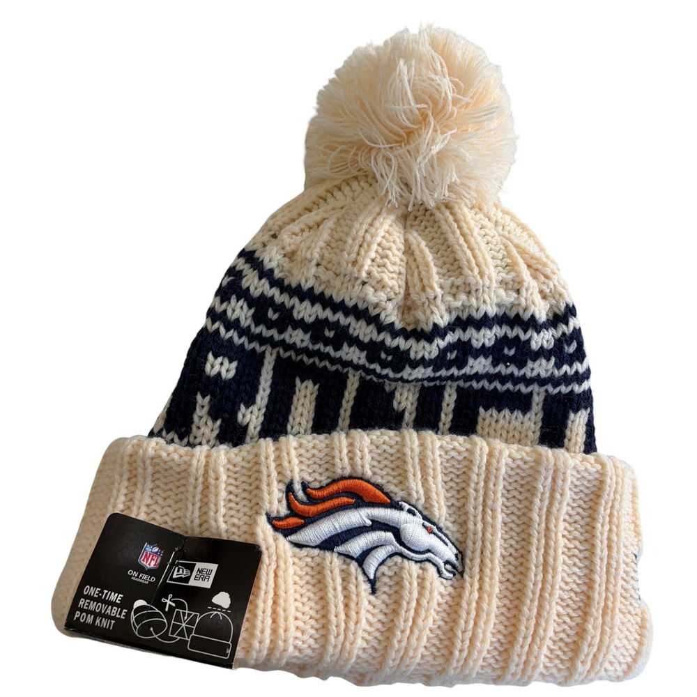 New Era Denver Broncos Beanie Unisex NWT Sideline Pom Knit Hat OSFA Cream Blue